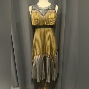 Women’s Sz 14 Rare Editions Metallic Gold and‎ Silver/w Black Lace Lined Dress.